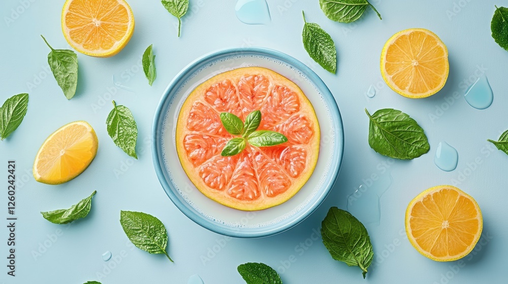 Wall mural Vibrant Citrus Fruit Arrangement with Grapefruit and Lemon Slices Surrounding Mint Leaves