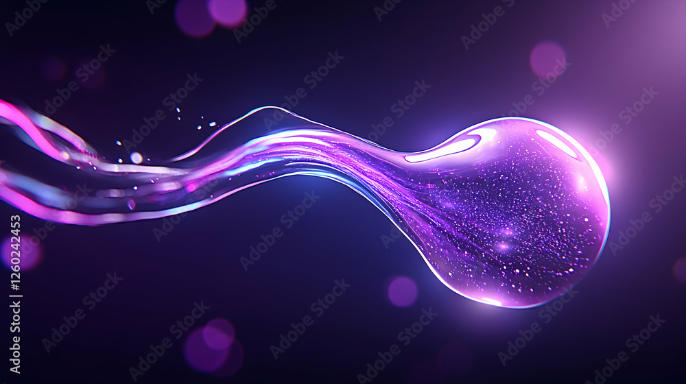 Poster liquid purple blob flowing in a dark backdrop, could be used for abstract science