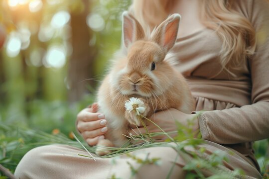 A woman gently holds a fluffy brown rabbit in her lap outdoors, surrounded by lush green grass and a delicate white flower.