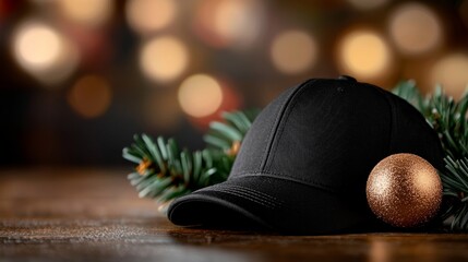  a black baseball cap with a gold ball on top of it, sitting on a wooden table surrounded by leaves The background is slightly blurred, giving the image a dreamy fe
