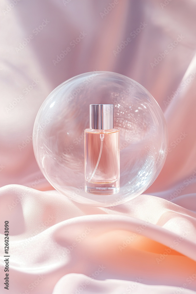 Poster a skincare bottle floats gracefully within a translucent bubble, illuminated by soft light trails th