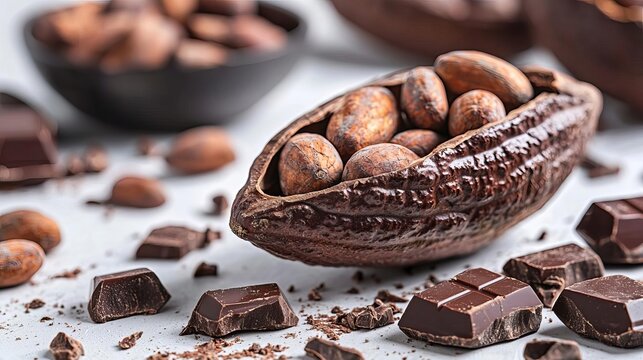 World Chocolate Day celebration Delicious cocoa beans and chocolate pieces.