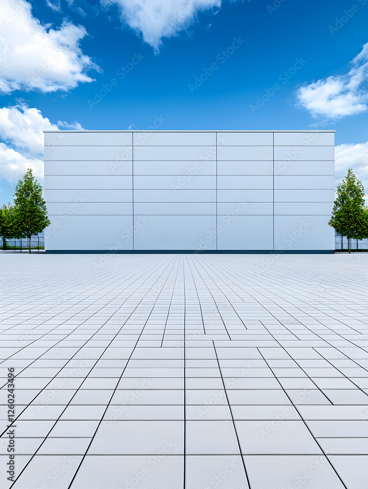 Poster modern building facade with empty tile courtyard for architectural background use