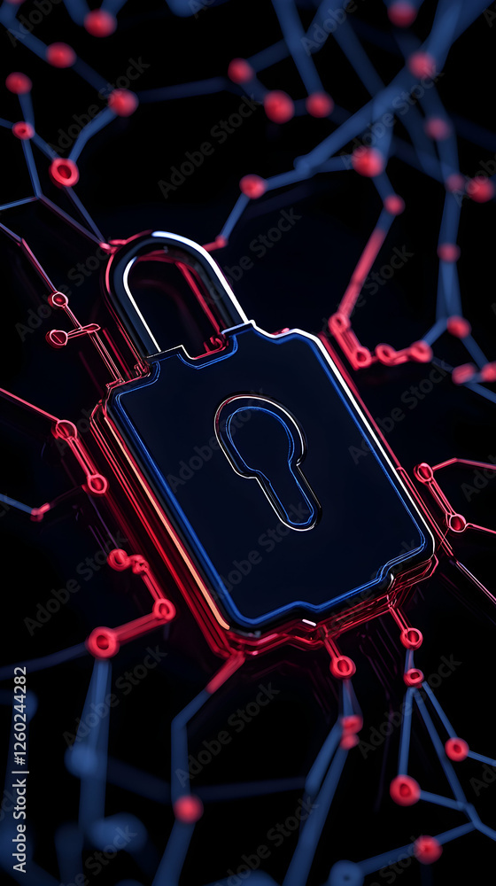 Aufkleber padlock on digital circuit board for data protection, secure network, technology use