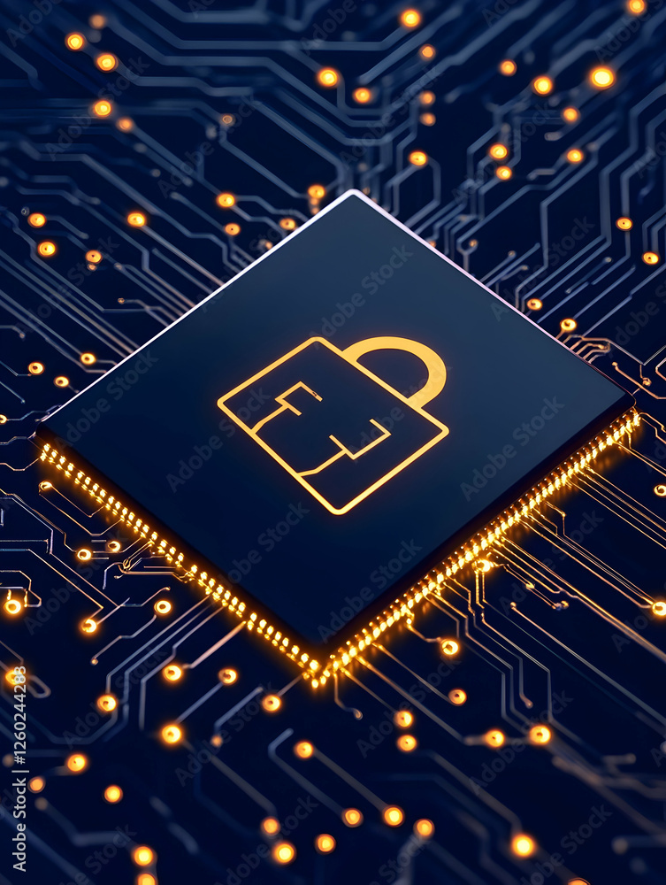 Poster padlock icon on a chip in front of circuit board for technology security use