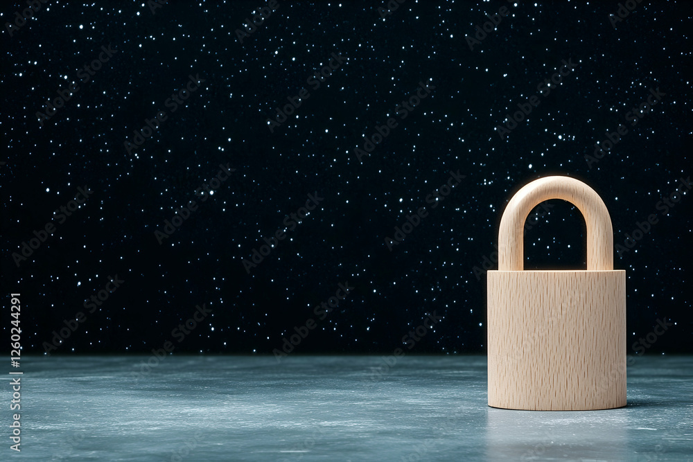 Poster padlock on floor against star background for safe digital or data security use