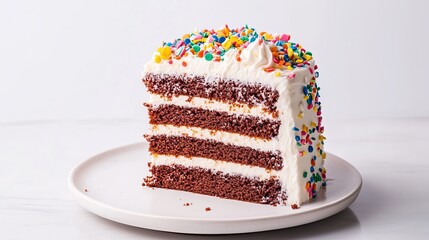 Layer Cake on a white plate with a white background 