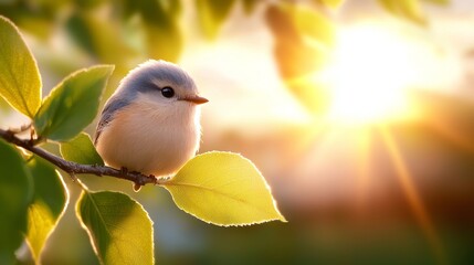 Obraz premium a small bird perched atop a tree branch, surrounded by lush green leaves The background is slightly blurred, giving the bird a sense of focus and prominence