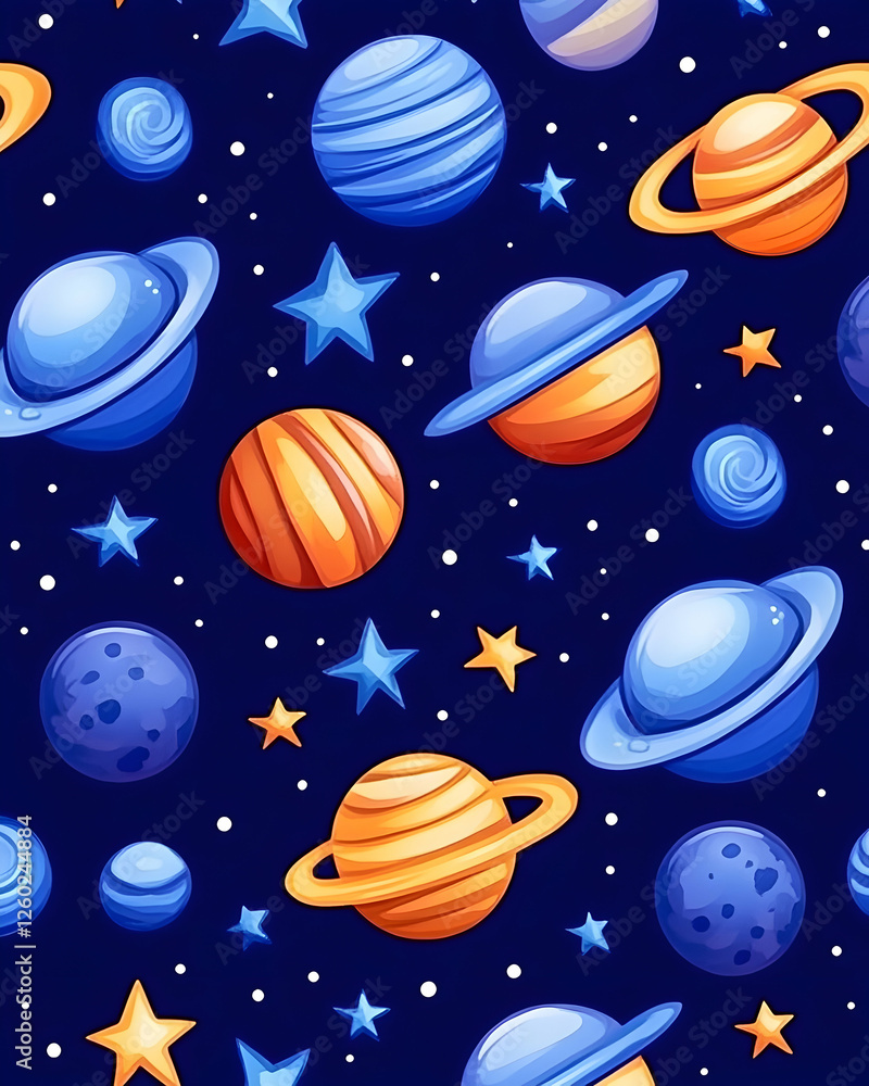 Poster planets and stars pattern on dark blue space, graphic element for astronomy concepts