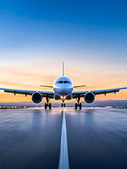 Obraz premium Plane takes off at dusk. Air travel for vacations, business, transport