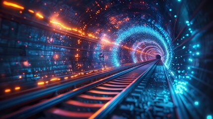 train high-speed rail particles blue technology background