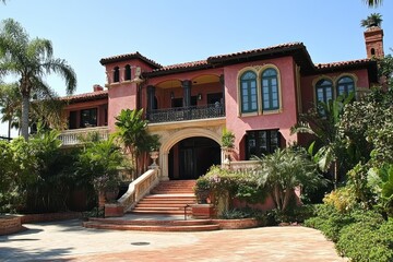 Obraz premium Mediterranean-style mansion with lush landscaping.