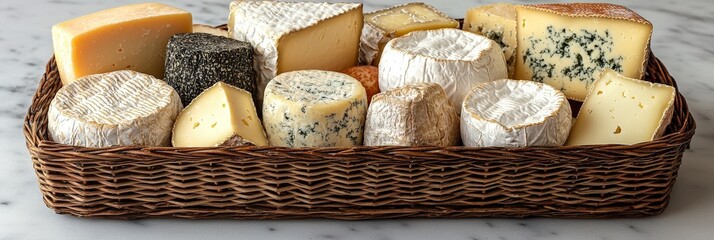 This captivating image showcases a selection of cheeses artistically arranged in a traditional woven basket, emphasizing rustic charm and gourmet appeal.