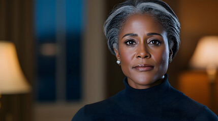Portrait of senior black woman in turtleneck sweater, looking at camera indoors