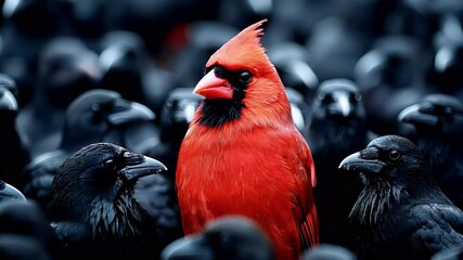 Red cardinal amongst crows, nature scene, wildlife, unique, leadership concept, stock photo