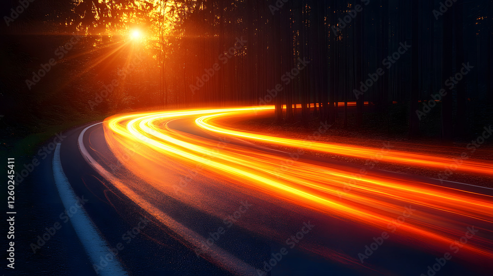 Poster a winding road illuminated by glowing light trails, surrounded by dark trees, creating a mystical ev