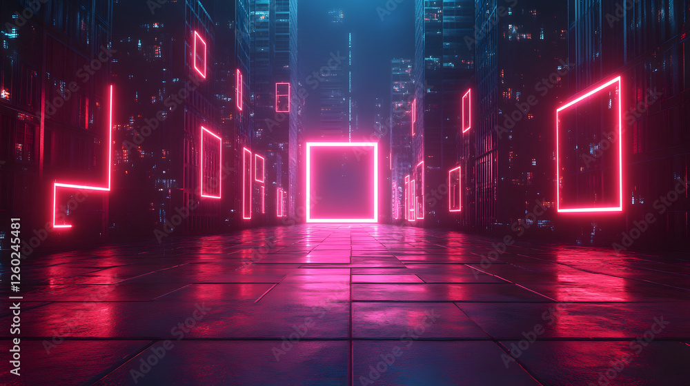 Poster a futuristic corridor with glowing neon squares, creating a vibrant and immersive atmosphere in a di