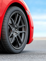 Red car wheel detail, parked on highway against blue sky, transport illustration