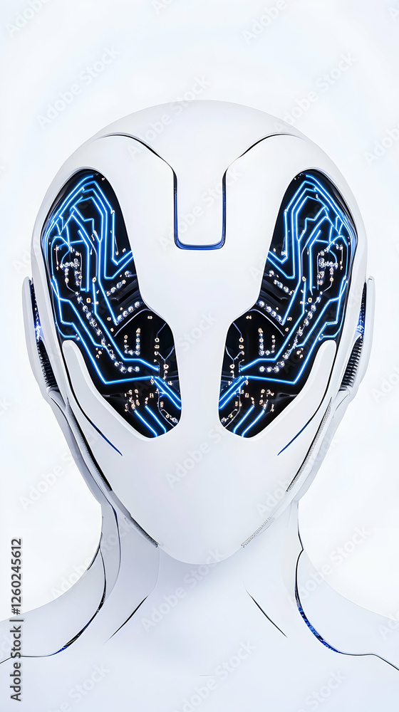 Poster robot head with exposed circuits for ai research on white background