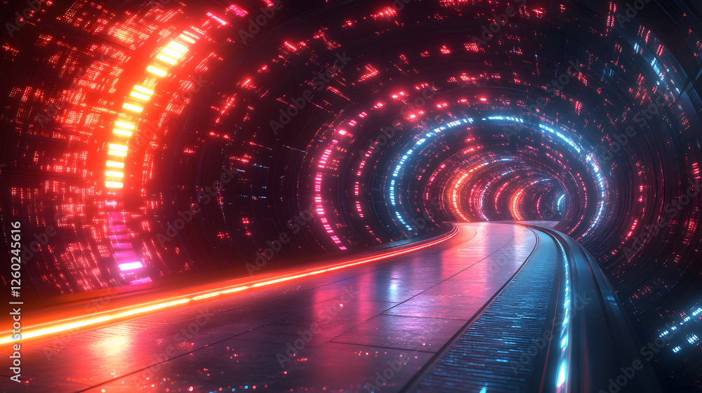 Poster a futuristic tunnel illuminated with vibrant red and blue lights, creating a dynamic, digital atmosp