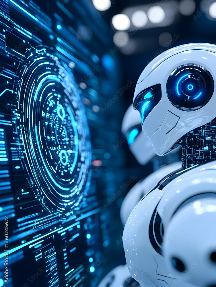 Poster robot peers at digital screen. ai integration in future tech in a laboratory