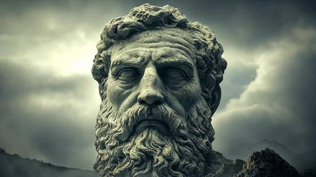 Ancient sculpture of a philosopher stands against a dramatic cloudy backdrop in a remote location