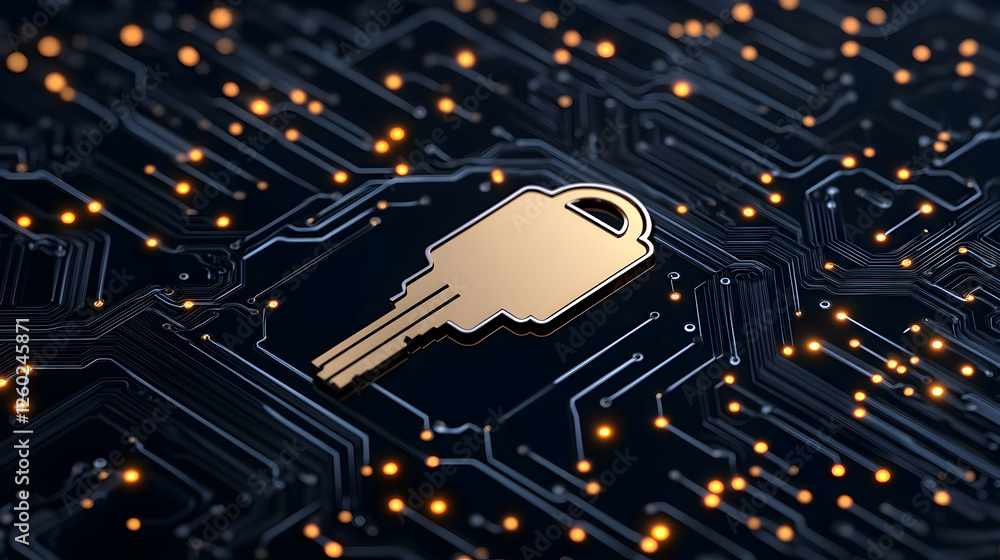 Poster security key on circuit board background represents data protection, lock
