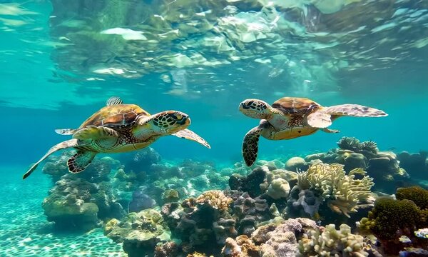 A pair of Hawaiian green turtles swim gracefully over a brightly coloured coral reef