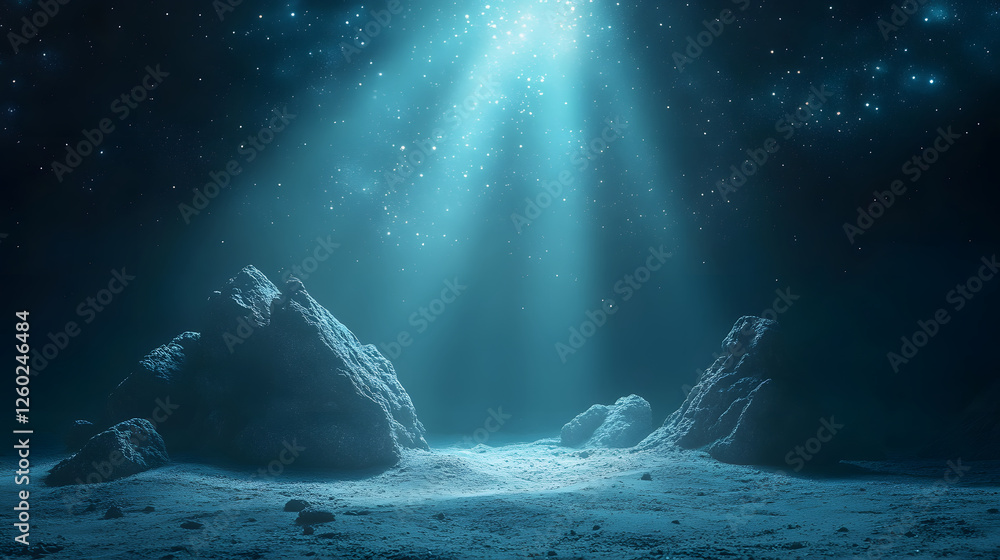 Poster a serene underwater scene illuminated by rays of light, showcasing rocky formations on the ocean flo
