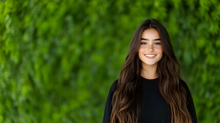 Naklejka premium Smiling young woman posing against green foliage wall used for eco-friendly lifestyle
