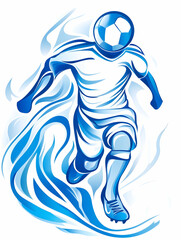 Soccer player with ball head running with blue decorative background for sports design