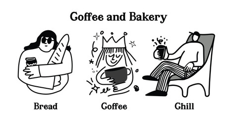 A charming line-art illustration set for coffee and pastry café. Featuring freshly brewed coffee, croissants, cakes and bread. Perfect for coffee lovers, bakery branding, stickers, menu designs.