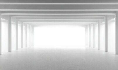 Bright light at end of white minimal hallway with pillars