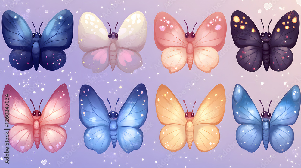Poster a vibrant array of colorful butterflies, showcasing various designs and hues against a soft pastel b