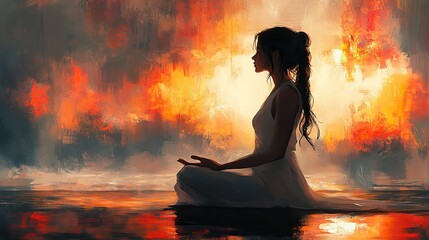 young woman sitting on the floor and praying watercolor digital painting