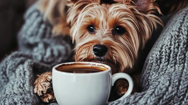 Adorable dog relaxing with a warm cup of coffee wrapped in a cozy blanket on a chilly morning