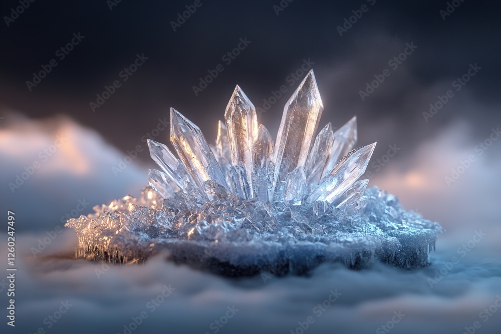 Poster a massive and intricately detailed crystal snowflake hovers above the ground, creating a floating ic