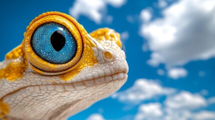   a close up of a gecko's face with blue eyes against a backdrop of a sky with clouds
