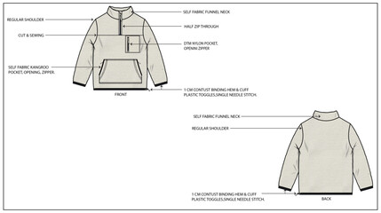 Winter Funnel Neck Kids Borg Zip Through Jacket Fashion Design Technical Tech Pack.  © MdAbir