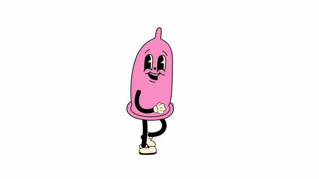 Looping animation of a retro-style condom mascot character walking. Comes with a transparent background for seamless use in various designs and overlays
