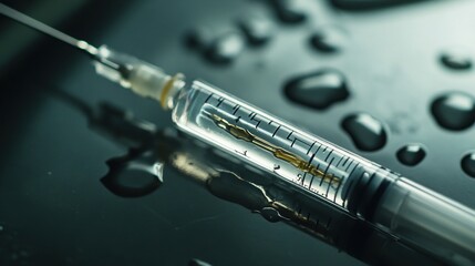 Close-up of syringe with liquid on wet surface.