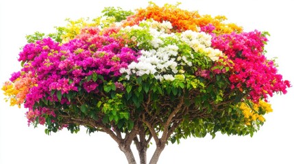 Fototapeta premium Vibrant Bougainvillea Tree in Full Bloom Against a White Background in Lush Garden Setting