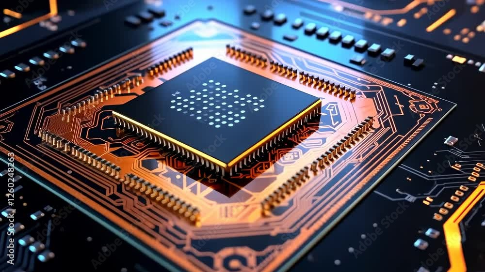 Poster close-up, angled view of a glowing microchip on a circuit board, highlighting futuristic tech. ideal