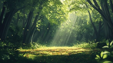 Obraz premium Sunbeams Illuminate A Lush Forest Clearing
