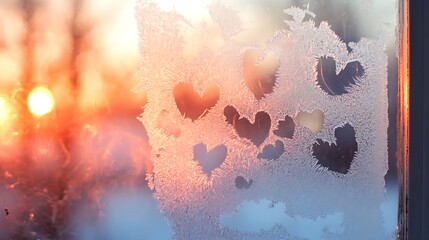 A window with heart-shaped frost patterns