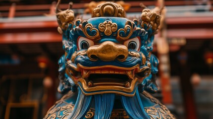 Obraz premium Detailed close-up of a blue and gold Chinese guardian lion statue, symbolizing protection and power