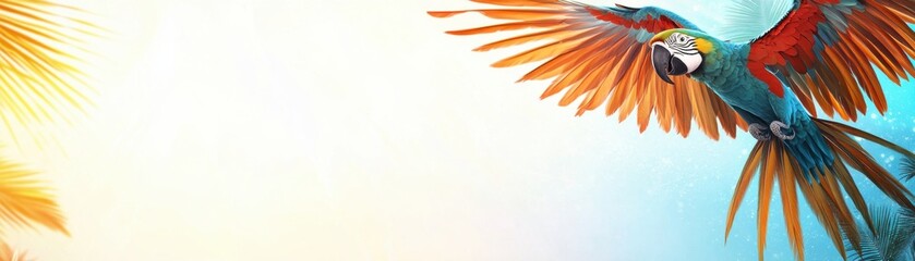Obraz premium A vibrant parrot soars through a colorful sky, showcasing its bright plumage against a backdrop of palm leaves.