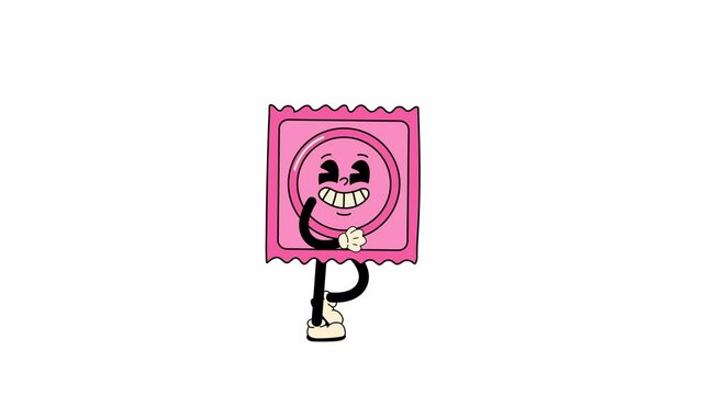 Retro condom mascot character, walking in a seamless loop animation. Transparent background for easy use in designs and overlays