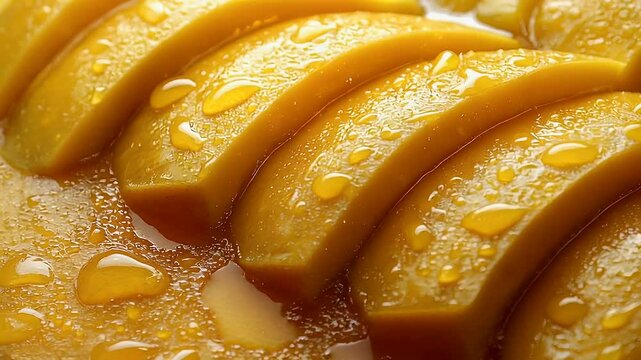 Close-up of juicy mango slices glistening with oil, ready for dessert, food photography