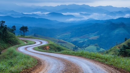 Fototapeta premium Winding mountain road, misty sunrise, rural landscape, travel poster